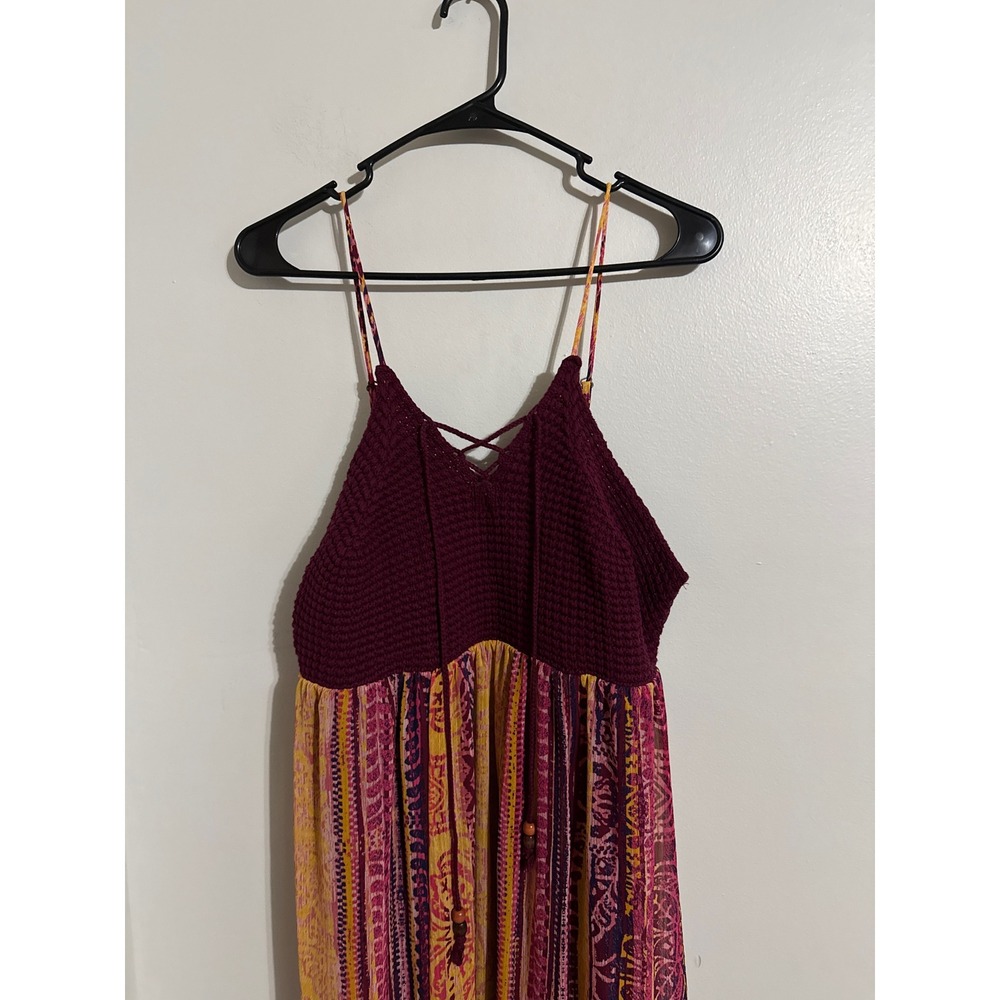 Xhilaration Burgundy Crochet Boho Print Maxi Dress Large Lace Up Smocked Back
